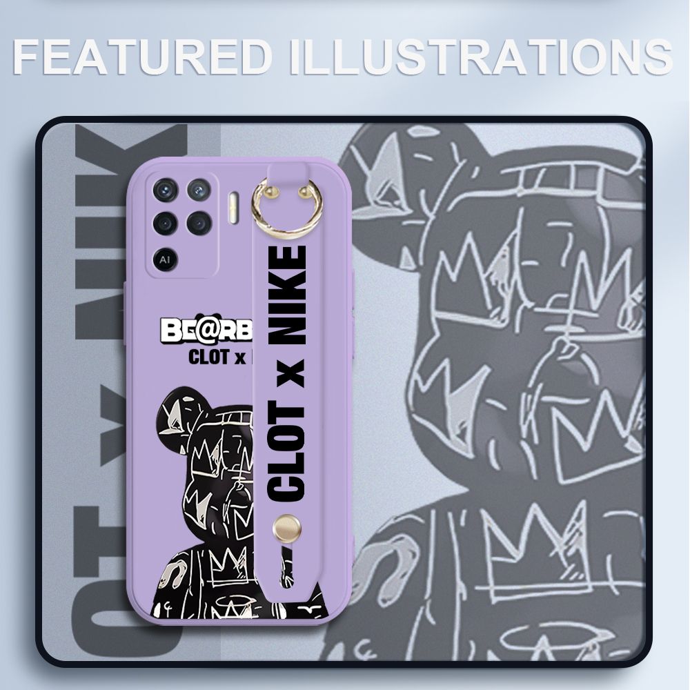 UCUC for OPPO Reno5 F Wrist Strap Case Creative Cartoon Black Stitching Bear Cover Ultra Thin Anti Fall Liquid Silicone Phone Case