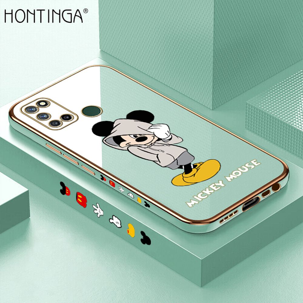 Hontinga for Realme 7I C17 Back Cover + Free Lanyard Luxury 6D Plating Handsome Cartoon Mouse Side Pattern Case Soft Silicone Square Mobile Cover