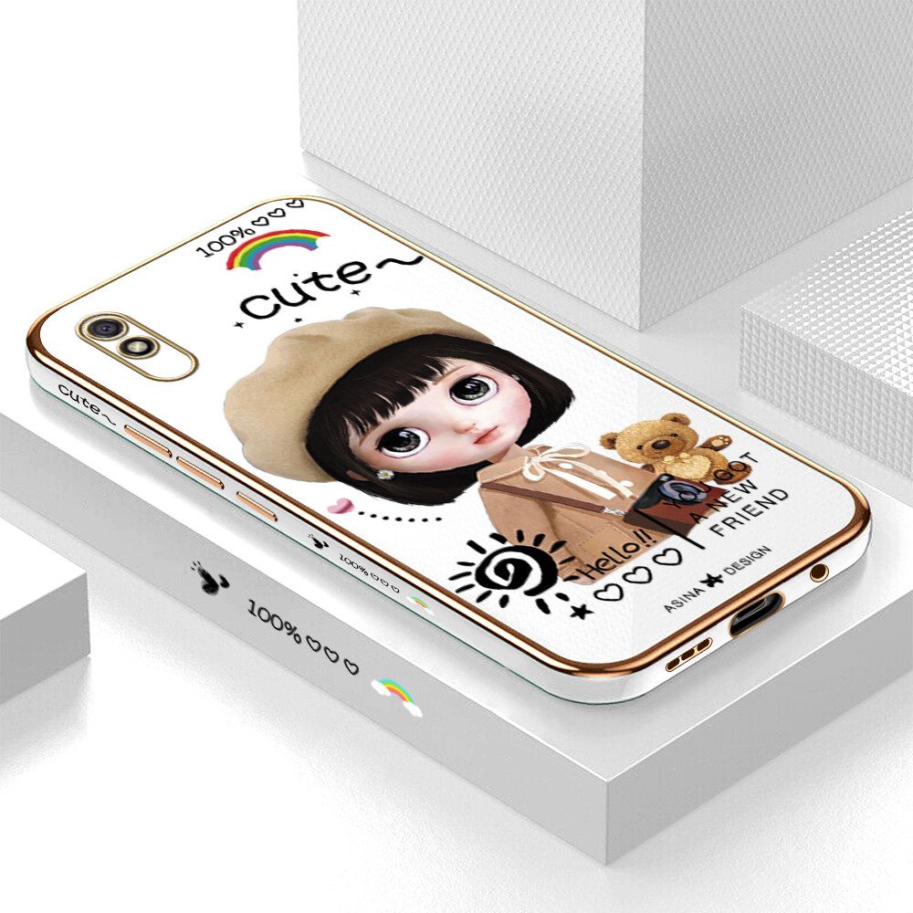 Luxury 6D Plating Soft Casing Silicone Square Frame Phone Case For Redmi 9A Case Shiny Bling Back Cover Cute Girl With Shoulder Bag Square Edge Pattern Design Soft Case + Free Lanyard