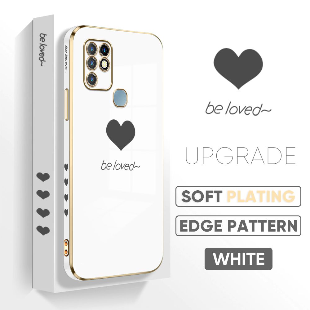 Jizetin (Free Lanyard) Infinix Hot 10 Back Cover Heart loved Luxury 6D Plating Case Side Pattern Soft Silicone Square Phone Cases