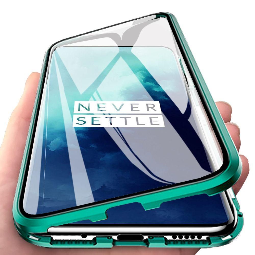 For OnePlus 7T Pro Casing 360° Full Body Transparent Tempered Glass with Magnetic Adsorption Metal Bumper Case Cover