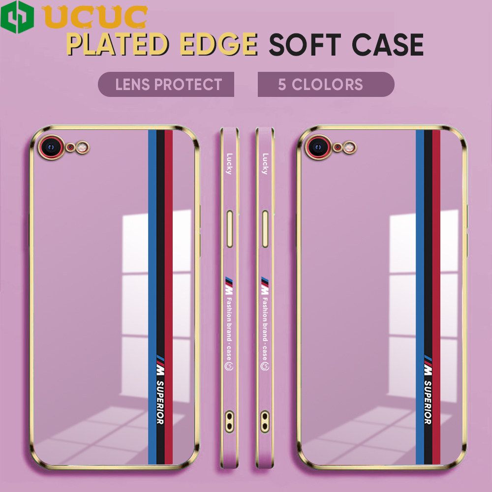 UCUC for iPhone SE 2020 / 7 / 8 / SE 2022 Back Cover + Free Lanyard Track Sign Luxury 6D Plating Case Side Pattern Soft Silicone Square Phone Cases