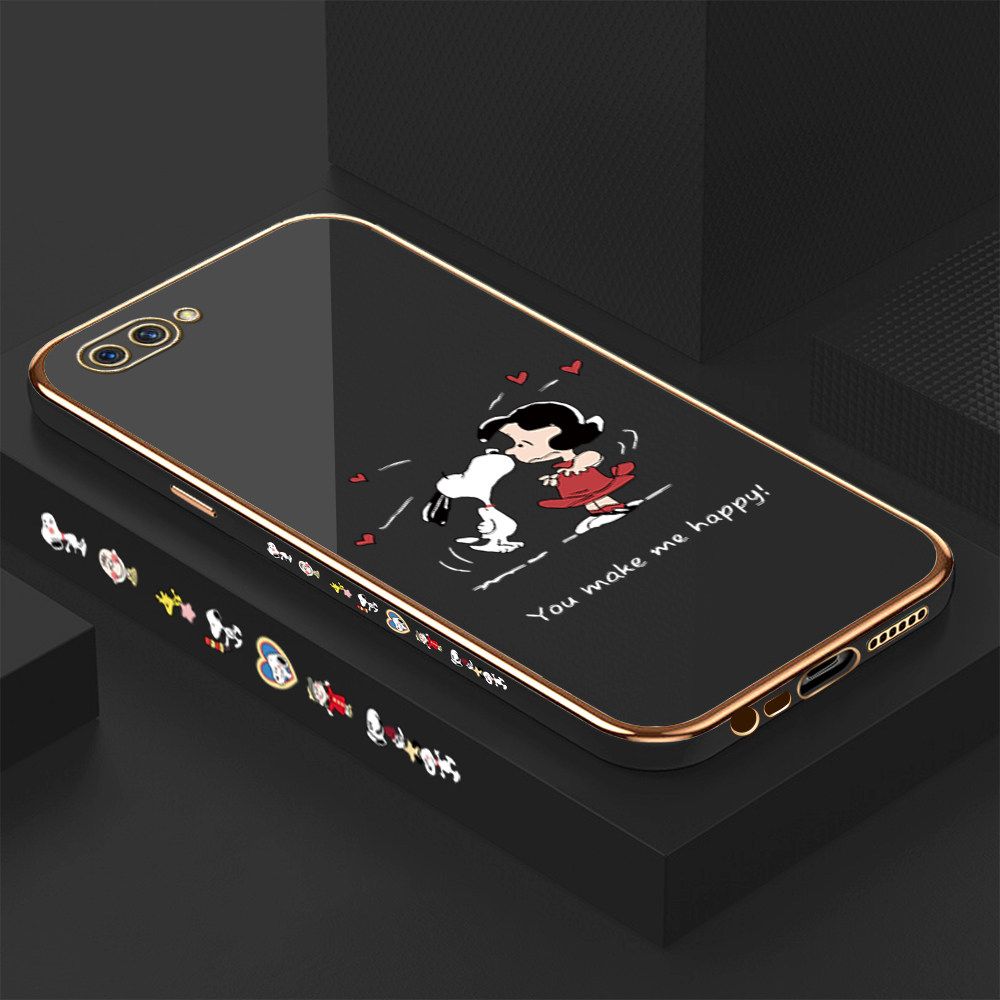 Luxury 6D Plating Case for OPPO A3S Happy Cartoon Puppy Side Pattern Back Cover Soft Silicone Square Frame Shiny Bling Phone Cases + Free Lanyard