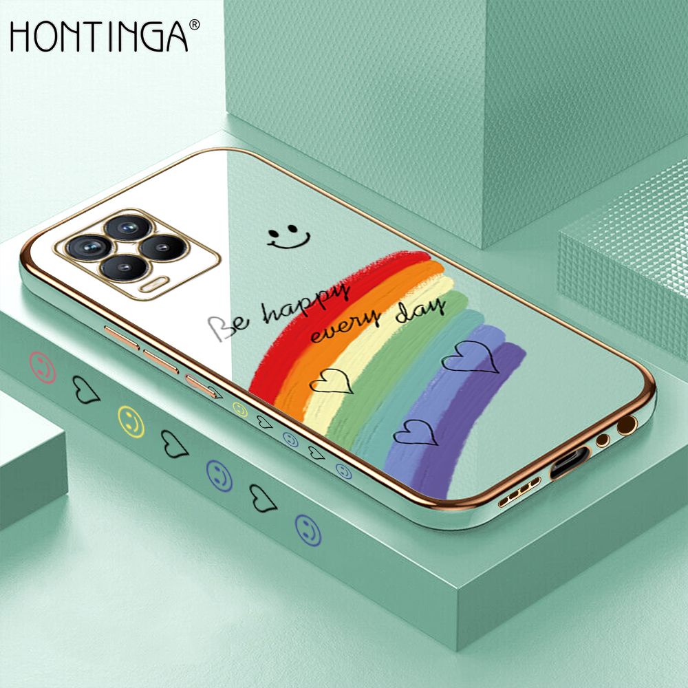 Hontinga for Realme 8 4G / 8 Pro Case + Free Lanyard Luxury 6D Plating Smile Rainbow Side Pattern Soft Back Cover Silicone Square Phone Cases