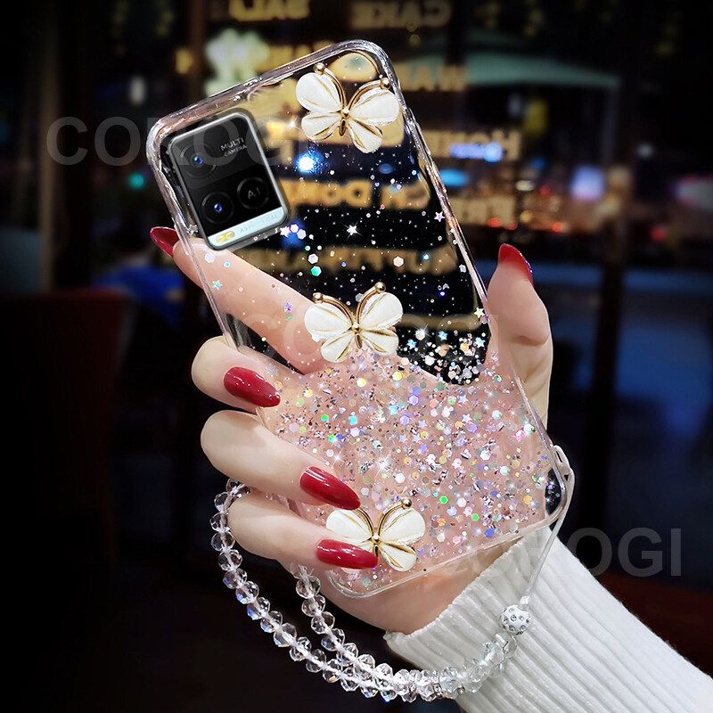 For Vivo Y21 Cover + Crystal Wrist Strap Fashion 3D Rhinestone Butterfly Shiny Glitter Girls Phone Case Clear Soft Silicone Bumper Shockproof Protective Back Cover