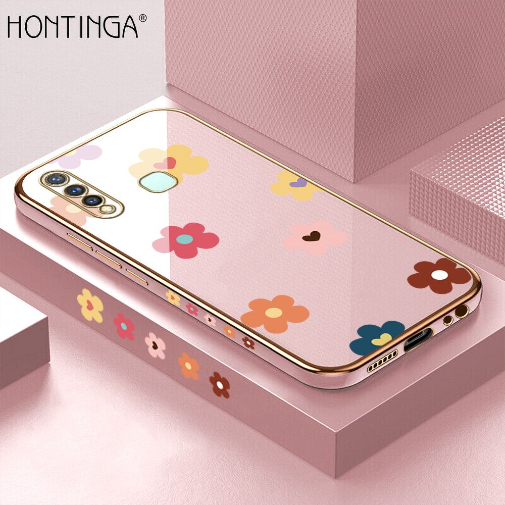 Hontinga for Vivo Y19 Back Cover + Free Lanyard Luxury 6D Plating Falling Flower Side Pattern Case Soft Silicone Square Mobile Cover