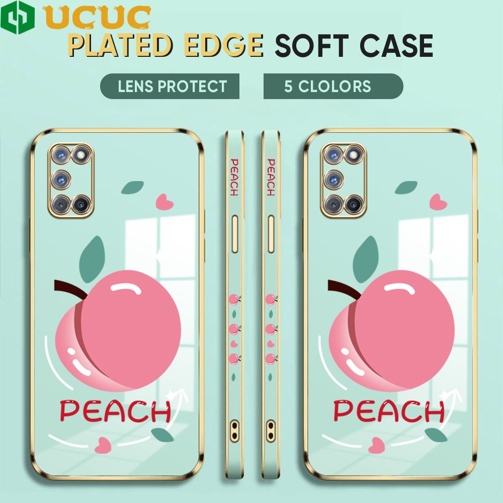 UCUC for OPPO A92 Cover Pink Peach Luxury 6D Plating Soft Casing Silicone Square Frame Phone Case Shiny Bling Back Cover + Free Lanyard