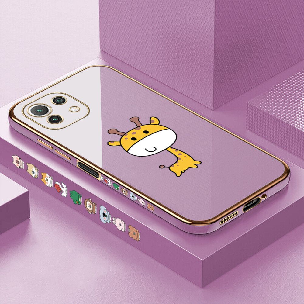 Luxury 6D Plating Case for Xiaomi 11 Lite 5G NE Color Cute Giraffe Side Pattern Back Cover Soft Silicone Square Frame Shiny Bling Phone Cases + Free Lanyard