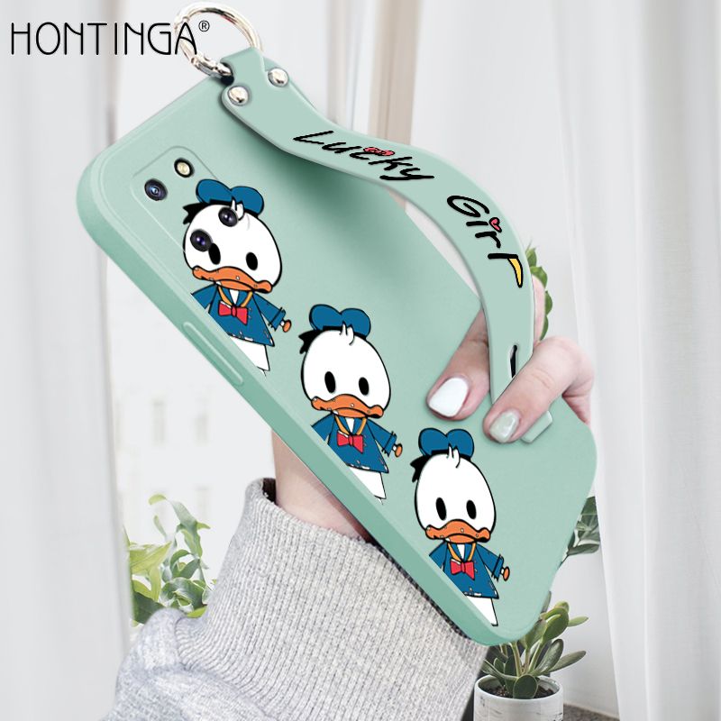 Hontinga for Samsung Galaxy M60S Wrist Strap Case Cute Cartoon Little Duck Phone Case Square Edge Liquid Silicone Case Full Cover Camera Shockproof Protective Cases