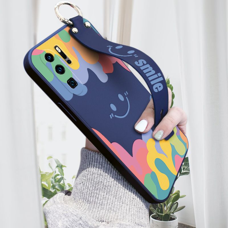 Hontinga for Huawei P30 Pro Wrist Strap Case Soft Candy Color Splash Ink Cover Trend Square Printed Pattern Liquid Silicone Phone Case