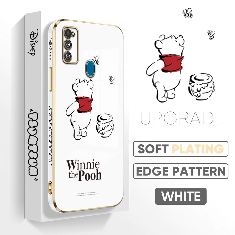 Jizetin (Free Lanyard) Samsung Galaxy M30S / M21 Back Cover Honeypot Pooh Luxury 6D Plating Case Side Pattern Soft Silicone Square Mobile Phone Cases