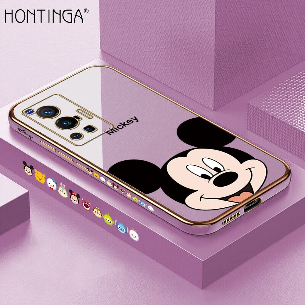 Hontinga for Vivo X70 Pro 5G Back Cover + Free Lanyard Luxury 6D Plating Cartoon Mouse Side Pattern Case Soft Silicone Square Mobile Cover