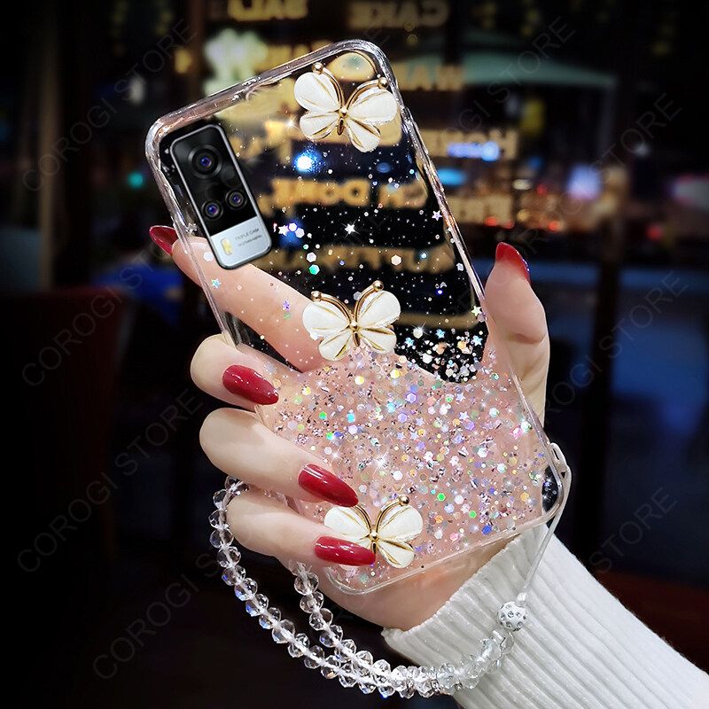 For Vivo Y53S Cover + Crystal Wrist Strap Fashion 3D Rhinestone Butterfly Shiny Glitter Girls Phone Case Clear Soft Silicone Bumper Shockproof Protective Back Cover