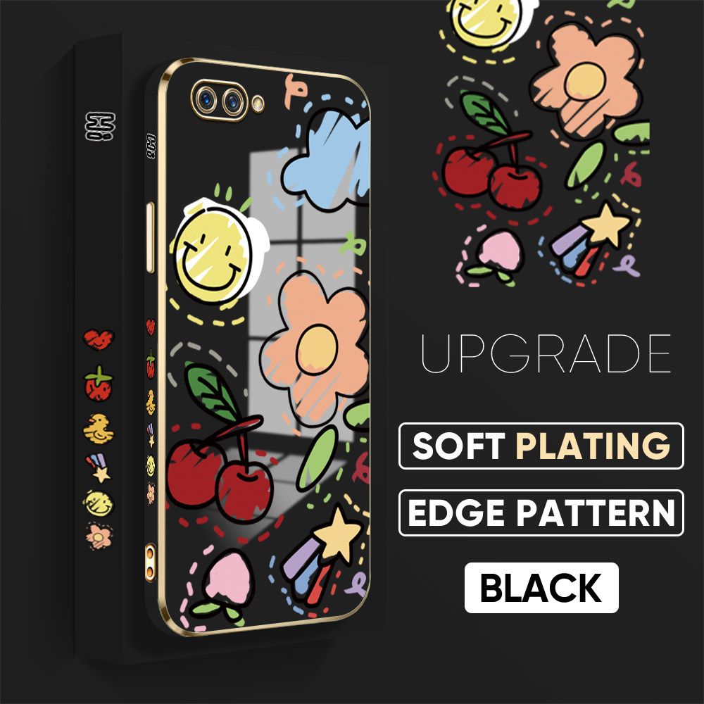 TA for OPPO A12E / A3S / Realme C1 Back Cover + Free Lanyard Colorful Fruit Painting Luxury 6D Plating Case Side Pattern Soft Silicone Square Phone Cases