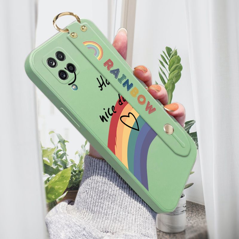 Jizetin for Samsung Galaxy A42 5G Wrist Strap Case INS Style Smile Rainbow Cover Ultra Thin Anti Fall Liquid Silicone Phone Case