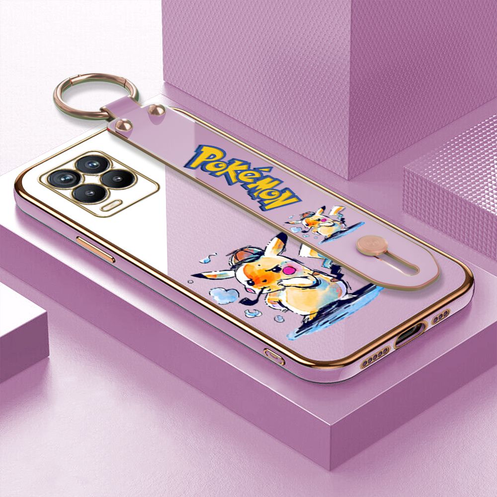 UCUC for Realme 8 4G / 8 Pro Wrist Strap Back Cover + Free Lanyard Pikachu Fashion Luxury 6D Plating Soft Casing Silicone Square Frame Phone Case
