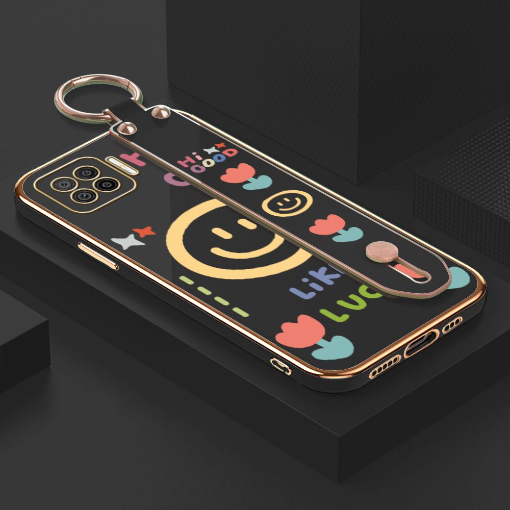 ZeroQiQi for OPPO F17 / A73 2020 Wrist Strap Back Cover Flower Smiley Fashion Luxury 6D Plating Soft Casing Silicone Square Frame Phone Case