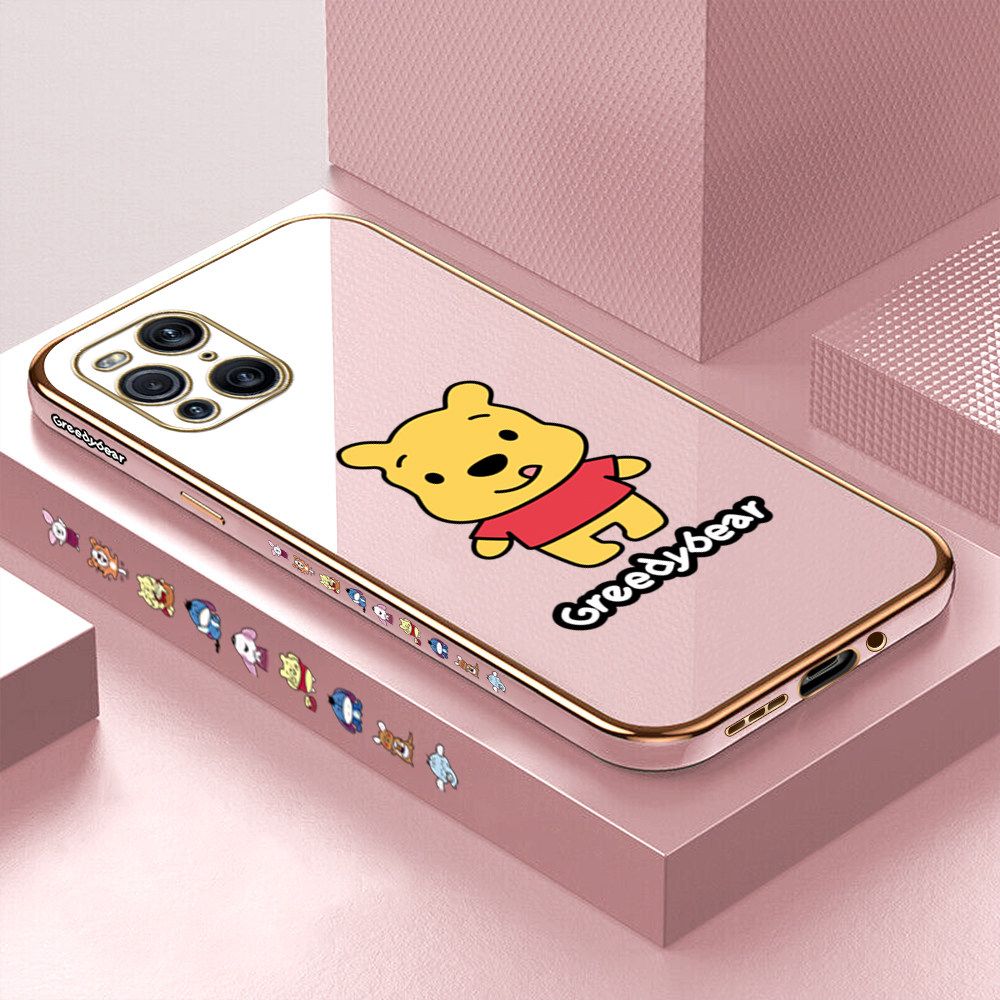 Luxury 6D Plating Case for OPPO Find X3 Pro Squirming Little Sweet Bear Side Pattern Back Cover Soft Silicone Square Frame Shiny Bling Phone Cases + Free Lanyard