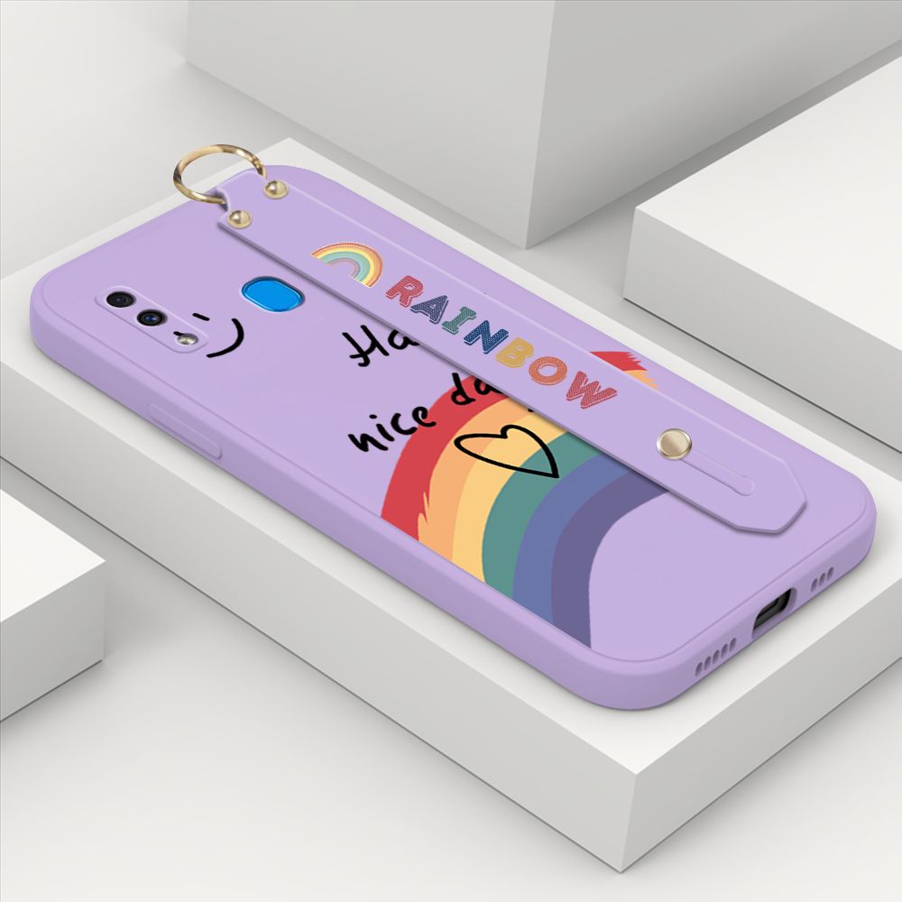 ZeroQiQi for Samsung Galaxy A20 Wrist Strap Case Lovely Graffiti Rainbow Smile Thin Phone Cover Square Edge Liquid Silicone Creativity Phone Case