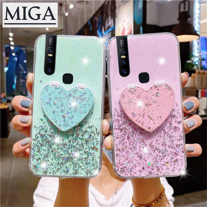 Star Sky Flash Powder Love Heart Mirror Phone Cases For Vivo V19 Neo V15 V17 S1 V20 Pro Y31 Y12s Y11 Y12 Y15 Y17 Y19 Y91 Y91i Y93 Y20 Y20i Y30 Y50 Y91C Glitter Bling Sequins Case
