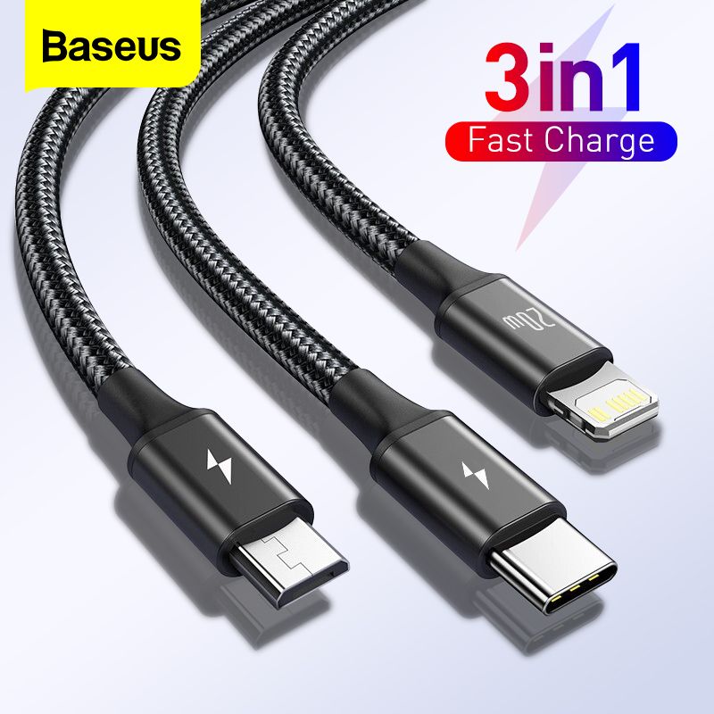 Baseus PD 20W 3 in 1 USB Type C Cable for iPhone 12 Pro Max 3 in 1 USBC Fast Charging Charger Cable For Xiaomi Samsung Micro Data Cord