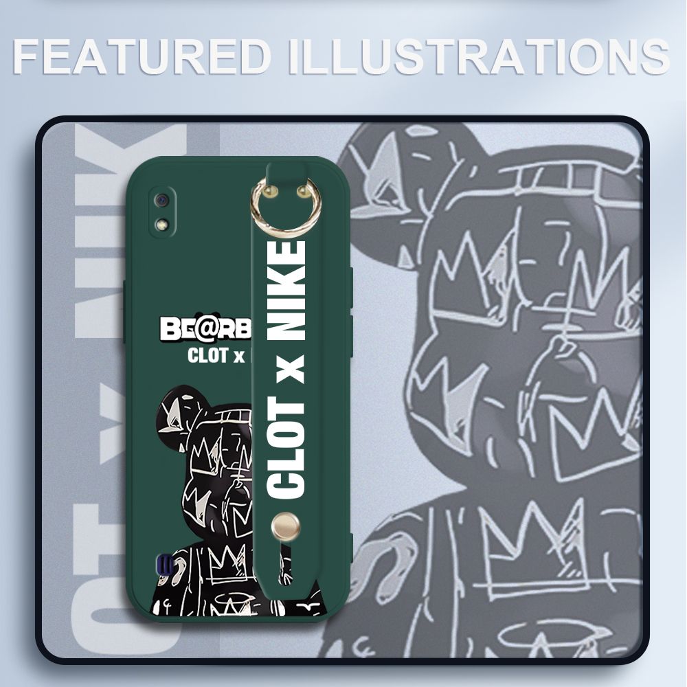 UCUC for Samsung Galaxy A10 Wrist Strap Case Creative Cartoon Black Stitching Bear Cover Ultra Thin Anti Fall Liquid Silicone Phone Case