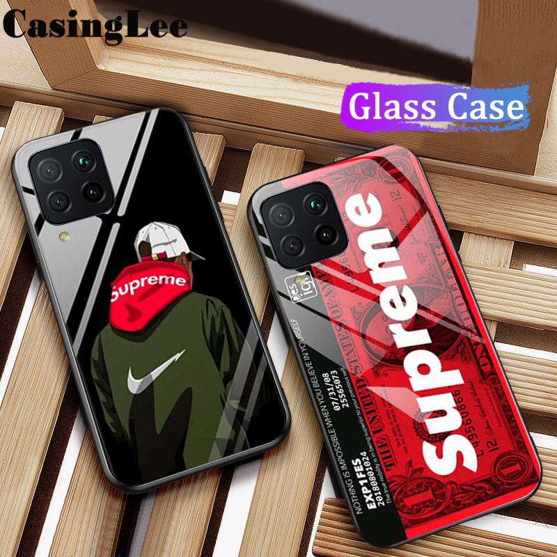 Casinglee for Samsung Galaxy M32 4G Case Tempered Glass Protector Mirror Couple Back Cover SUP Supreme Design Samsung M32 4G case cover For girls and Boys