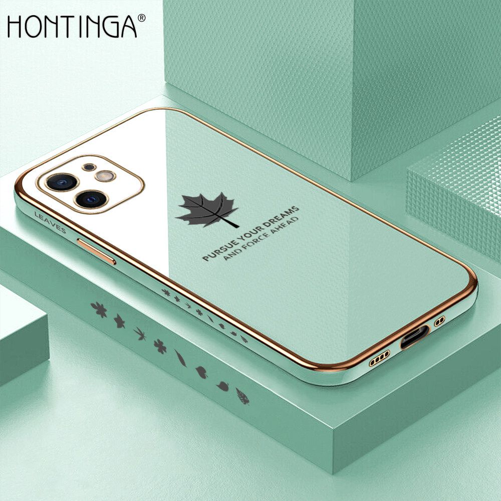 Hontinga for iPhone 12 Mini Back Cover + Free Lanyard Luxury 6D Plating Shiny Maple leaf Phone Case Soft Silicone Square Mobile Cover