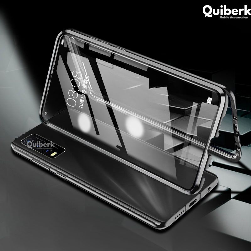 Quiberk for Vivo Y20/Y20s/Y12s/Y12a Clear Double Sided Tempered Glass Full Body Magnetic Absorption Metal Bumper Shockproof Phone Cover