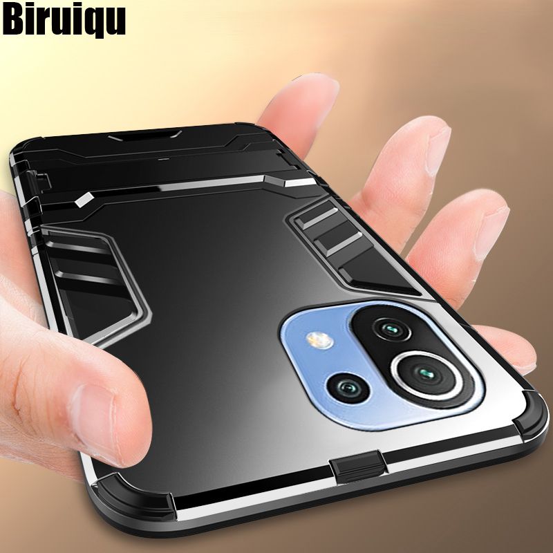 Biruiqu For Xiaomi Mi 11 Lite Soft TPU+Hard PC Shockproof Slim Protective Case Cover with Kickstand