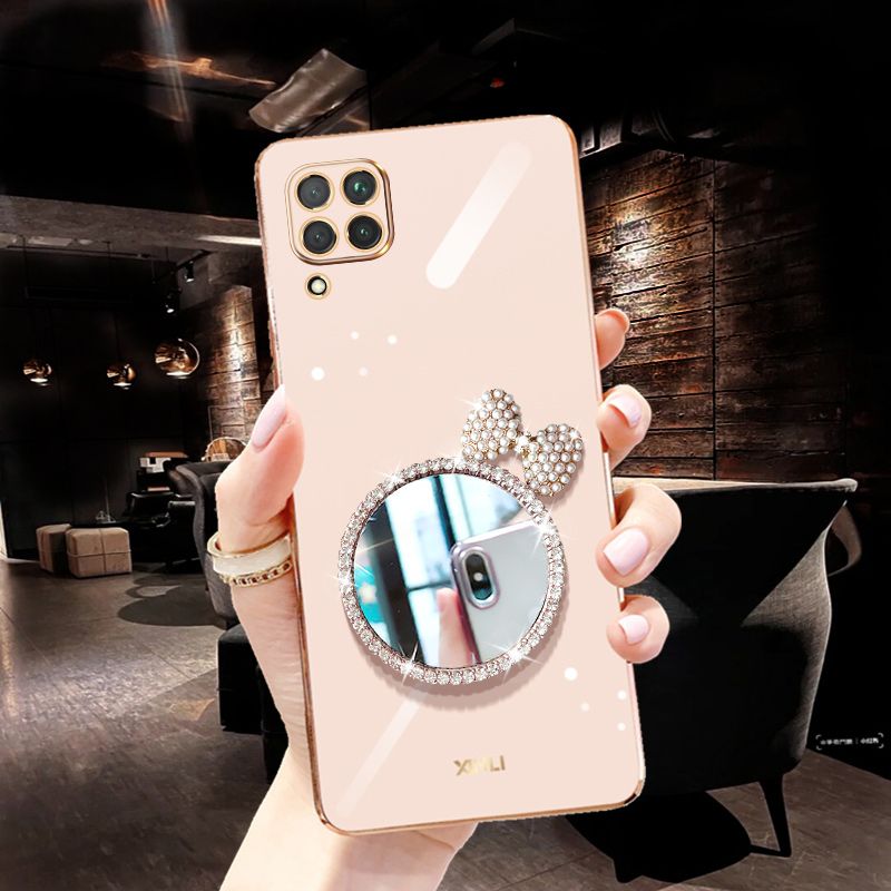 For Samsung Galaxy A22 Back Cover + Bowknot Makeup Mirror Fashion Shiny Plating Square Bumper Bling Girls Phone Case Soft TPU Silicone Shockproof Back Cover