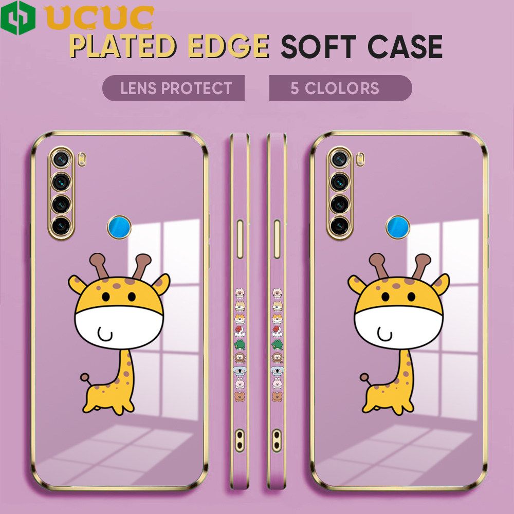UCUC for Redmi Note 8 Back Cover + Free Lanyard Big Head Giraffe Luxury 6D Plating Case Side Pattern Soft Silicone Square Phone Cases