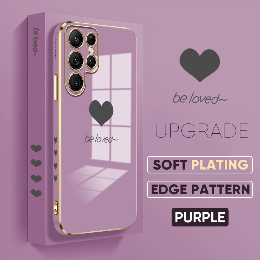 Jizetin (Free Lanyard) Samsung Galaxy S22 Ultra 5G Back Cover Heart loved Luxury 6D Plating Case Side Pattern Soft Silicone Square Phone Cases