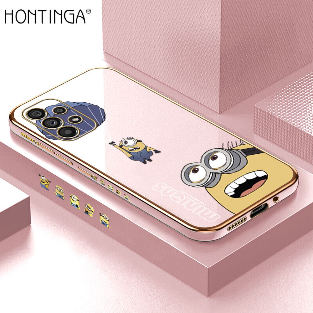 Hontinga for Samsung Galaxy A73 5G Back Cover + Free Lanyard Luxury 6D Plating Yellow Cartoon Character Pattern Case Soft Silicone Square Phone Cases