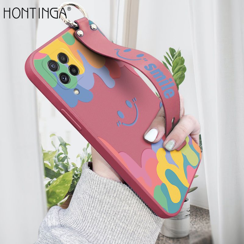 Hontinga for Samsung Galaxy A22 4G M22 Wrist Strap Case Soft Candy Color Splash Ink Cover Trend Square Printed Pattern Liquid Silicone Phone Case