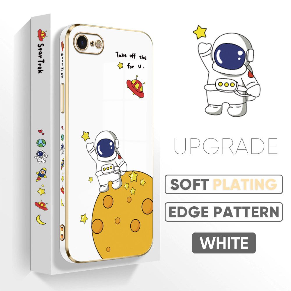 TA for iPhone 7 8 SE 2020 SE 2022 Back Cover + Free Lanyard Planet Astronaut Luxury 6D Plating Case Side Pattern Soft Silicone Square Phone Cases