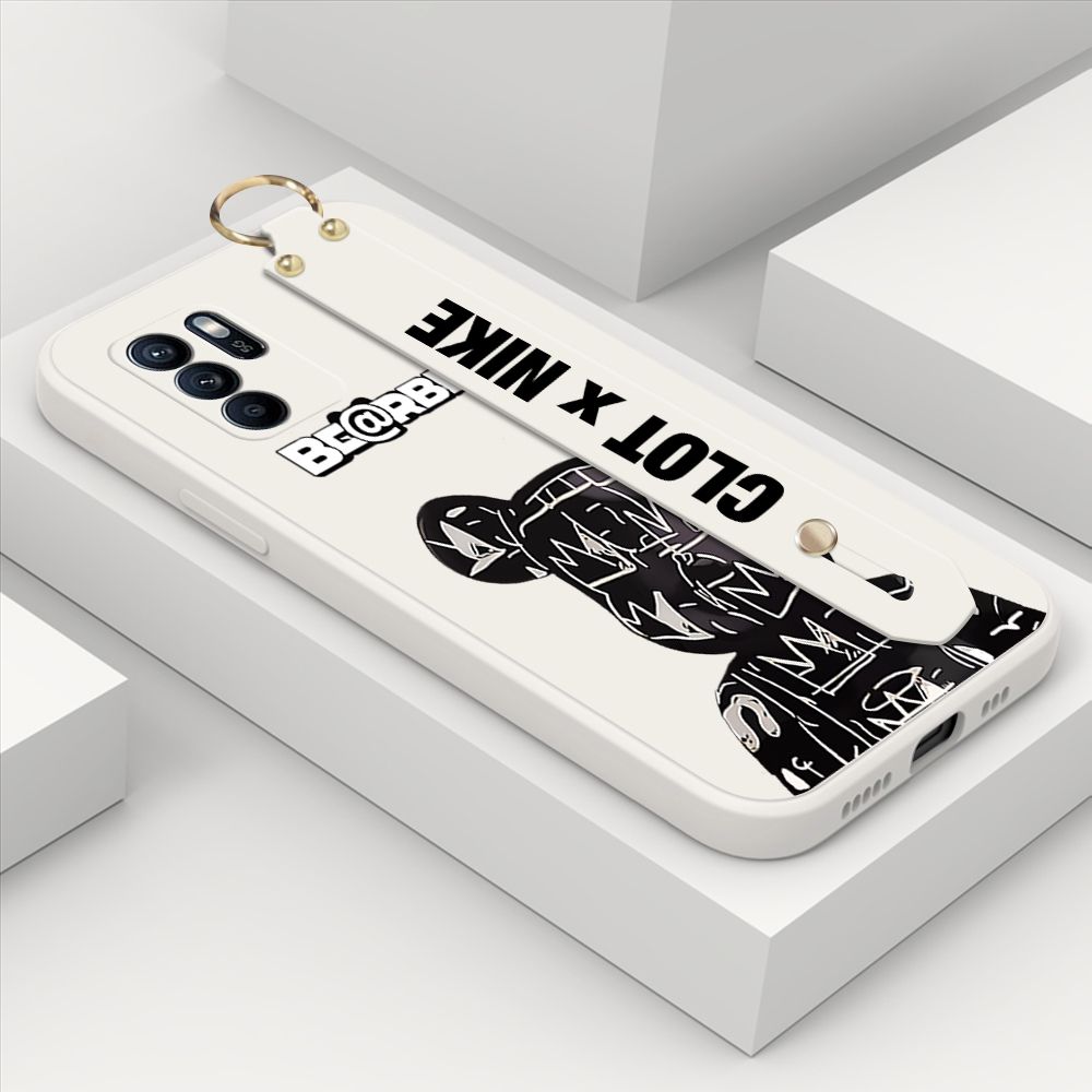 ZeroQiQi for OPPO Reno6 Z 5G Wrist Strap Case Fashion Black Brand Bear Phone Case Square Edge Liquid Silicone Cases Full Cover Camera Shockproof Protection Cases