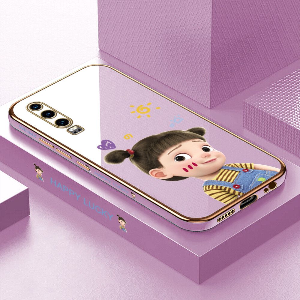 ZeroQiQi for Huawei P30 Back Cover Cute Girl Luxury 6D Plating Case Side Pattern Soft Silicone Square Mobile Phone Cases + Free Lanyard