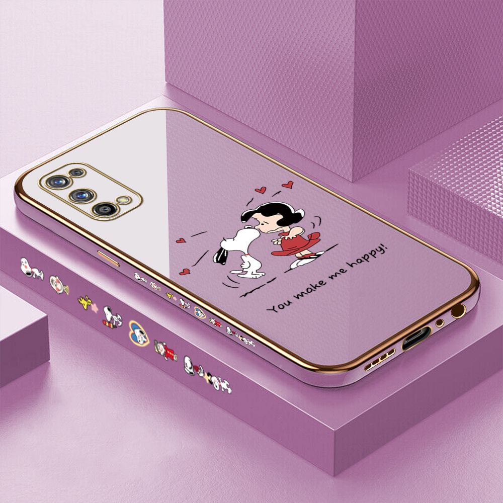 Luxury 6D Plating Case for Realme 7 Pro Cartoon Happy Puppy Side Pattern Back Cover Soft Silicone Square Phone Cases + Free Lanyard