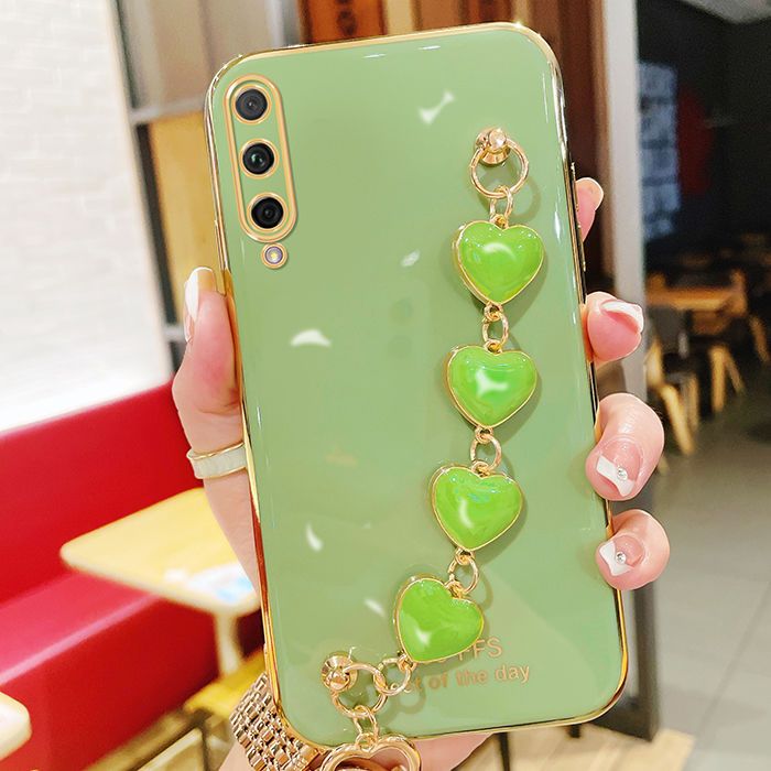 For Samsung Galaxy A50s A50 A30s Back Cover with Love Heart Chain Wrist Strap Fashion Bracelet Shiny Plating Bumper Protective Case Silicone Shockproof Mobile Phone Cases