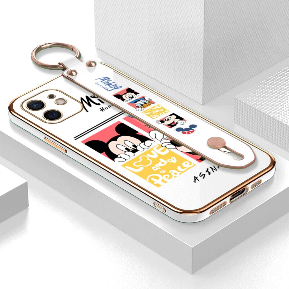 Jizetin for iPhone 12 Back Cover Lovely Mouse Luxury 6D Plating Wrist Strap Phone Cases Soft Silicone Square Mobile Phone Case