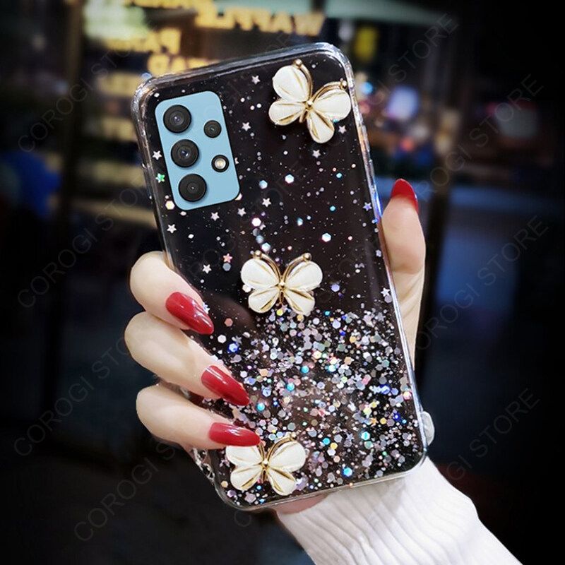 For Samsung Galaxy A52s 5G / Samsung Galaxy A52 Cover Fashion 3D Diamond Butterfly Shiny Glitter Starry Space Phone Case Clear Soft TPU Silicone Shockproof Protective Back Cover