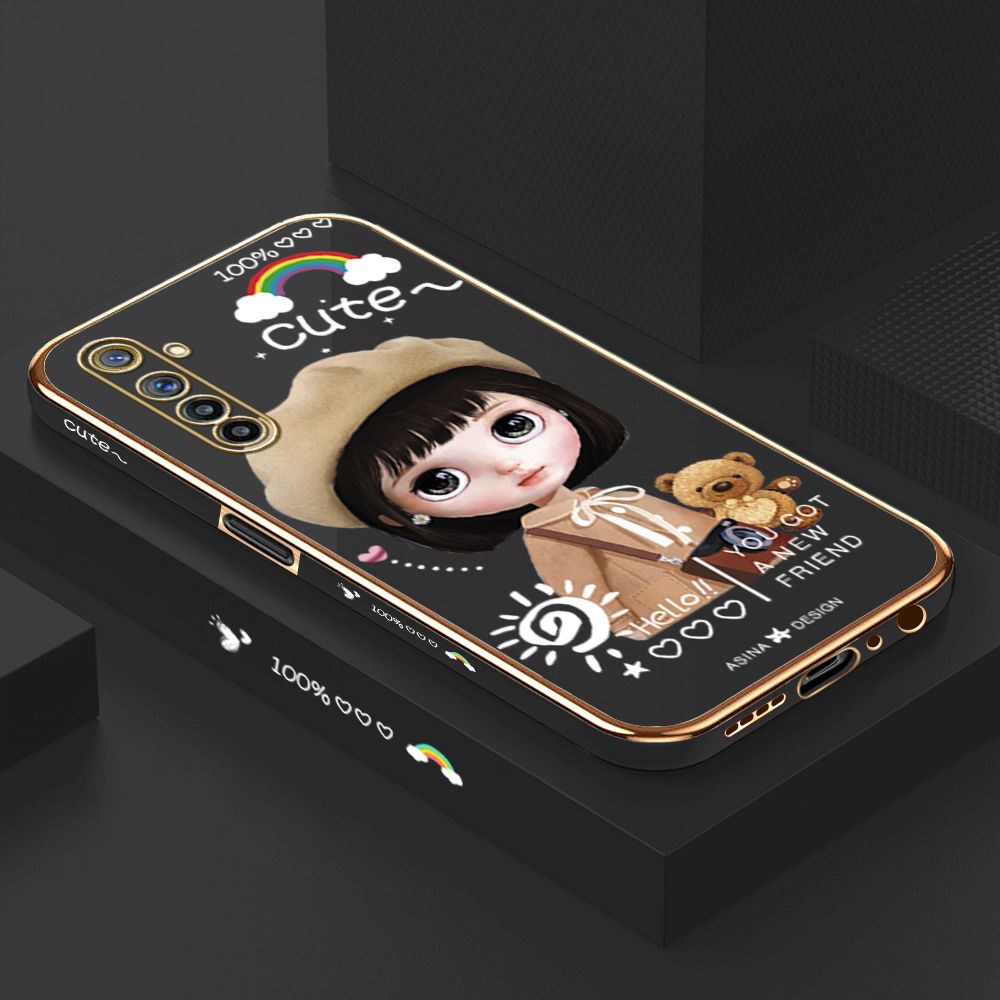 Luxury 6D Plating Case for Realme 6 Pro Cute Satchel Girl Side Pattern Back Cover Soft Silicone Square Phone Cases + Free Lanyard