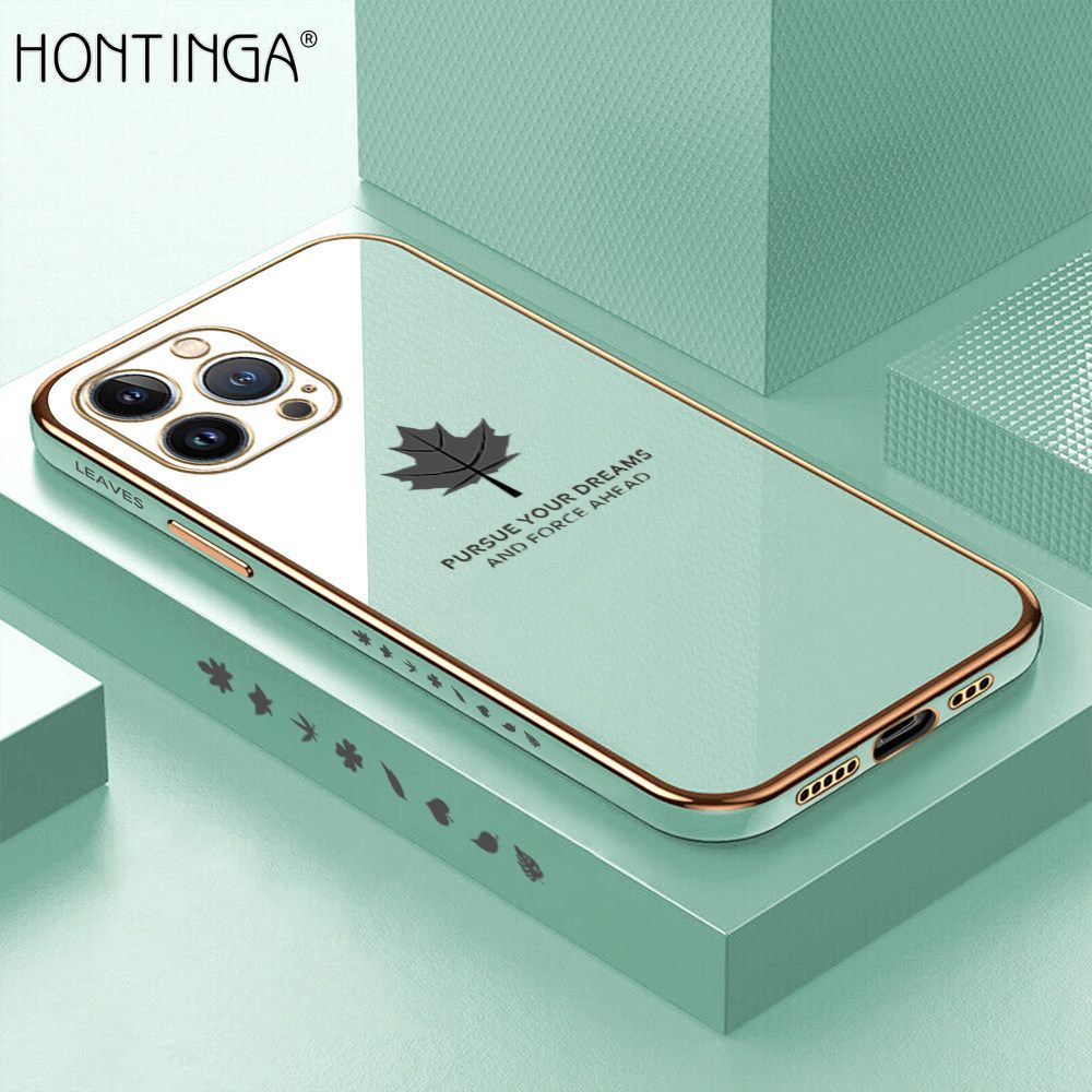 Hontinga for iPhone 13 Pro Back Cover + Free Lanyard Luxury 6D Plating Shiny Maple leaf Phone Case Soft Silicone Square Mobile Cover