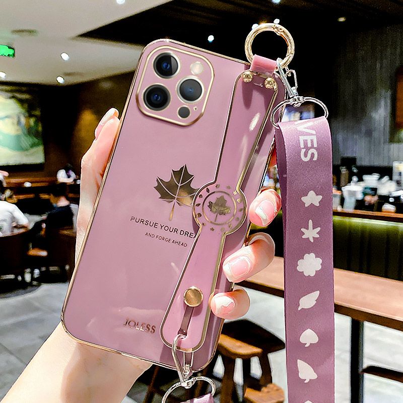 For iPhone 13 Pro Max Back Cover with Lanyard + Wristband Fashion Shiny Maple Leaf Plating Bumper Stand Holder Case Camera Protection Soft Silicone Mobile Phone Cases