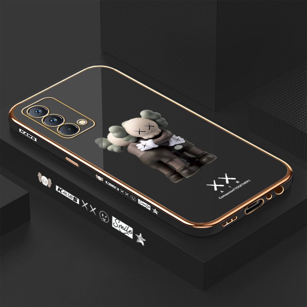 Luxury 6D Plating Case for Realme GT Master Embrace Cartoon Bear Side Pattern Back Cover Soft Silicone Square Frame Shiny Bling Phone Cases + Free Lanyard
