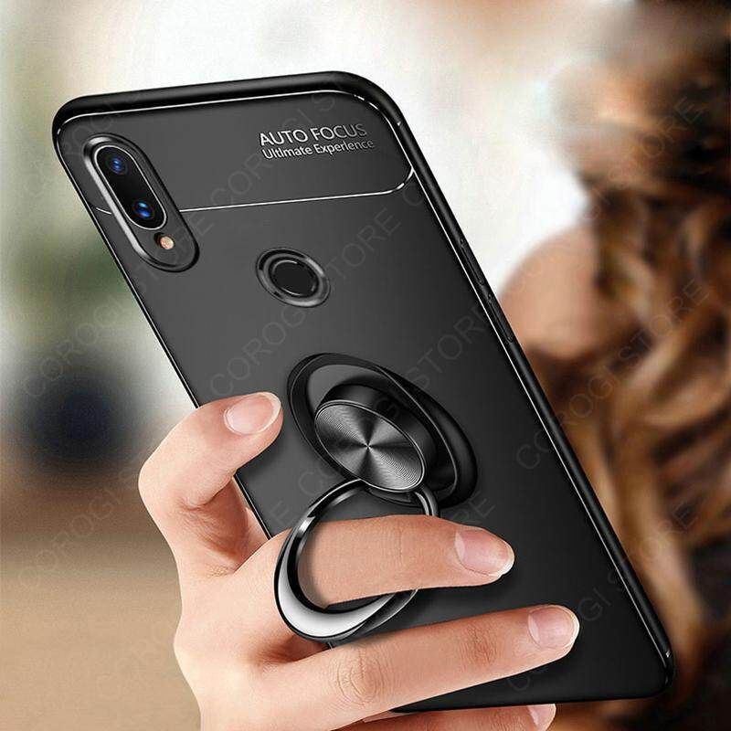 For Huawei P20 Lite Cover Shockproof Soft TPU Silicone Rubber Phone Case with Metal Finger Ring Stand Holder Magnetic Car Mount Protective Back Cover
