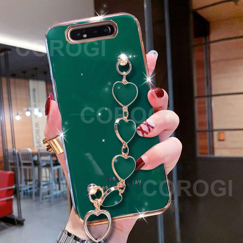 For Samsung Galaxy A80 Cover + Love Heart Bracelet Fashion Shiny Wrist Chain Plating Bumper Slim Phone Case Soft TPU Silicone Shockproof Protective Back Cover