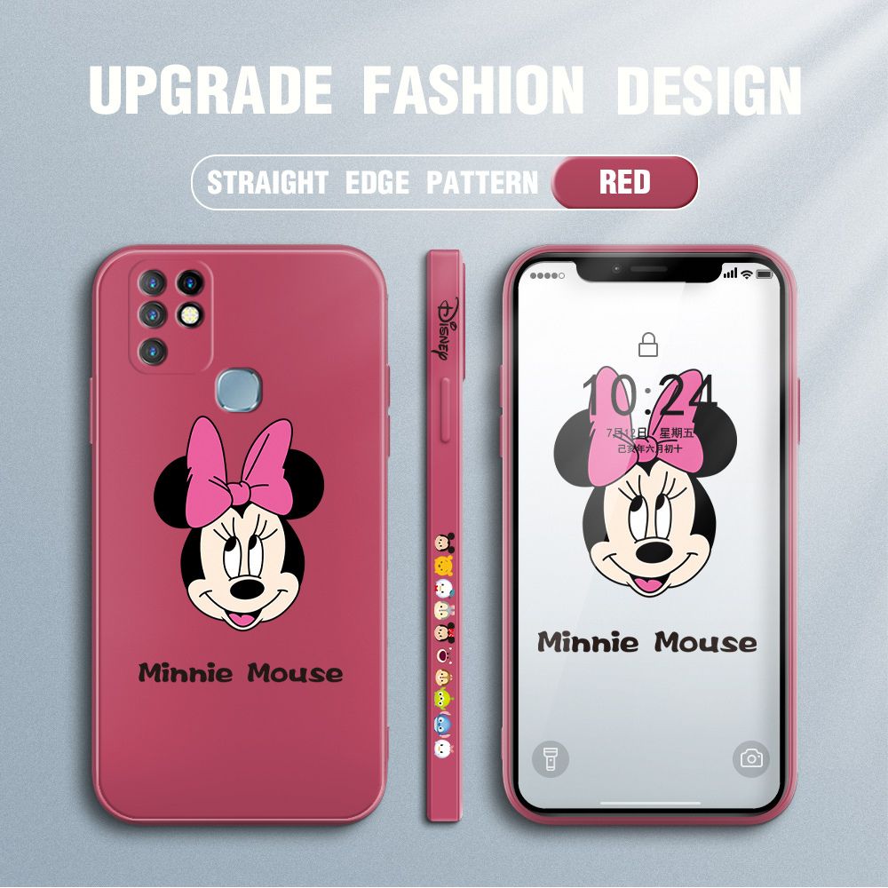 Jizetin for Infinix Hot 10 Case Minnie Mickey Mouse Design Side Design Phone Case Square Edge Pattern Liquid Silicone Cases Full Cover Camera Shockproof Protective Case