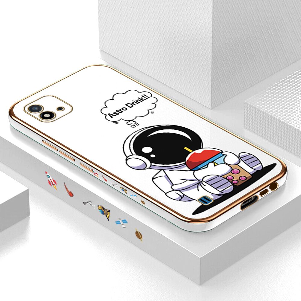 Luxury 6D Plating Case for Realme C11 2021 Cute Cartoon Happy Astronaut Side Pattern Back Cover Soft Silicone Square Phone Cases + Free Lanyard